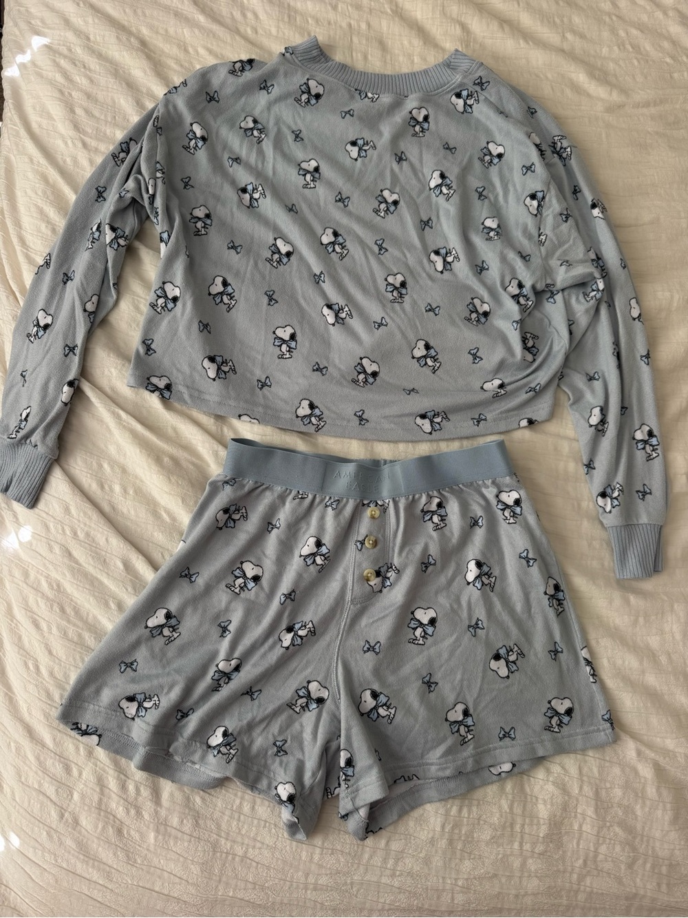 American Eagle Outfitters Light Blue Snoopy Pajama Top & Shorts Set
